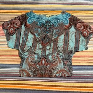 One World Womens Size PS Turquoise Paisley Smocked Waist Dolman Sleeve Blouse